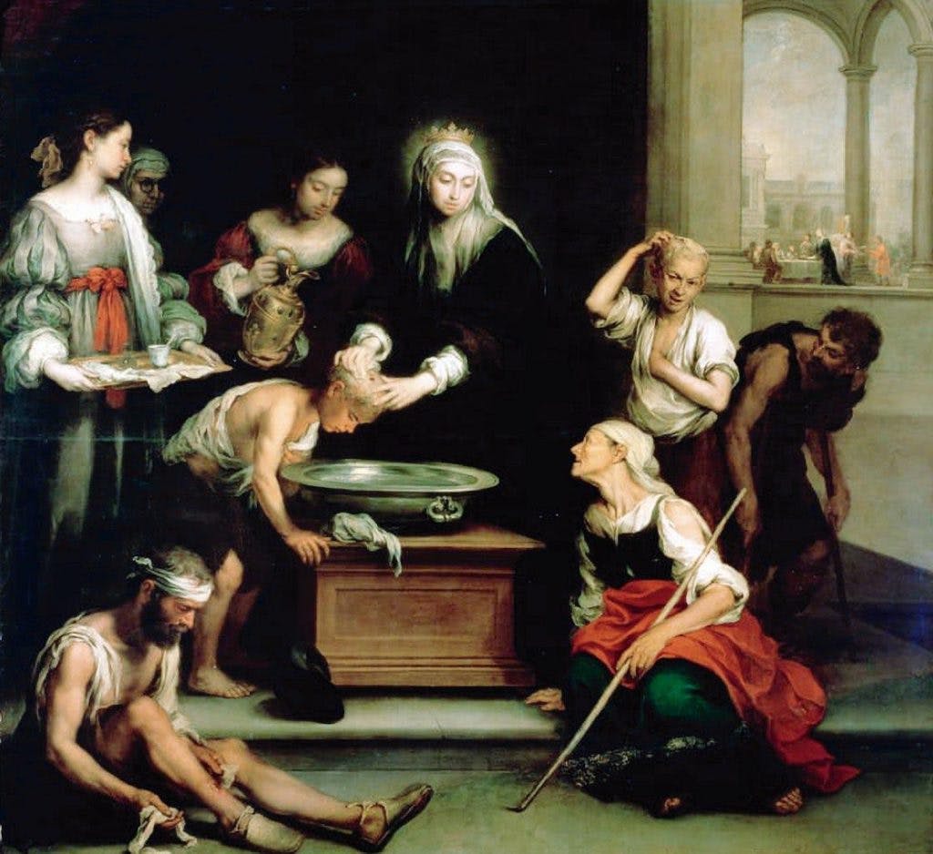 Santa Isabel da Hungria, duquesa da Turíngia, lava e cura as feridas dos doentes da tinha — Bartolomé Esteban Murillo (1617–1682). Hospital da Santa Caridade, Sevilha.&nbsp;