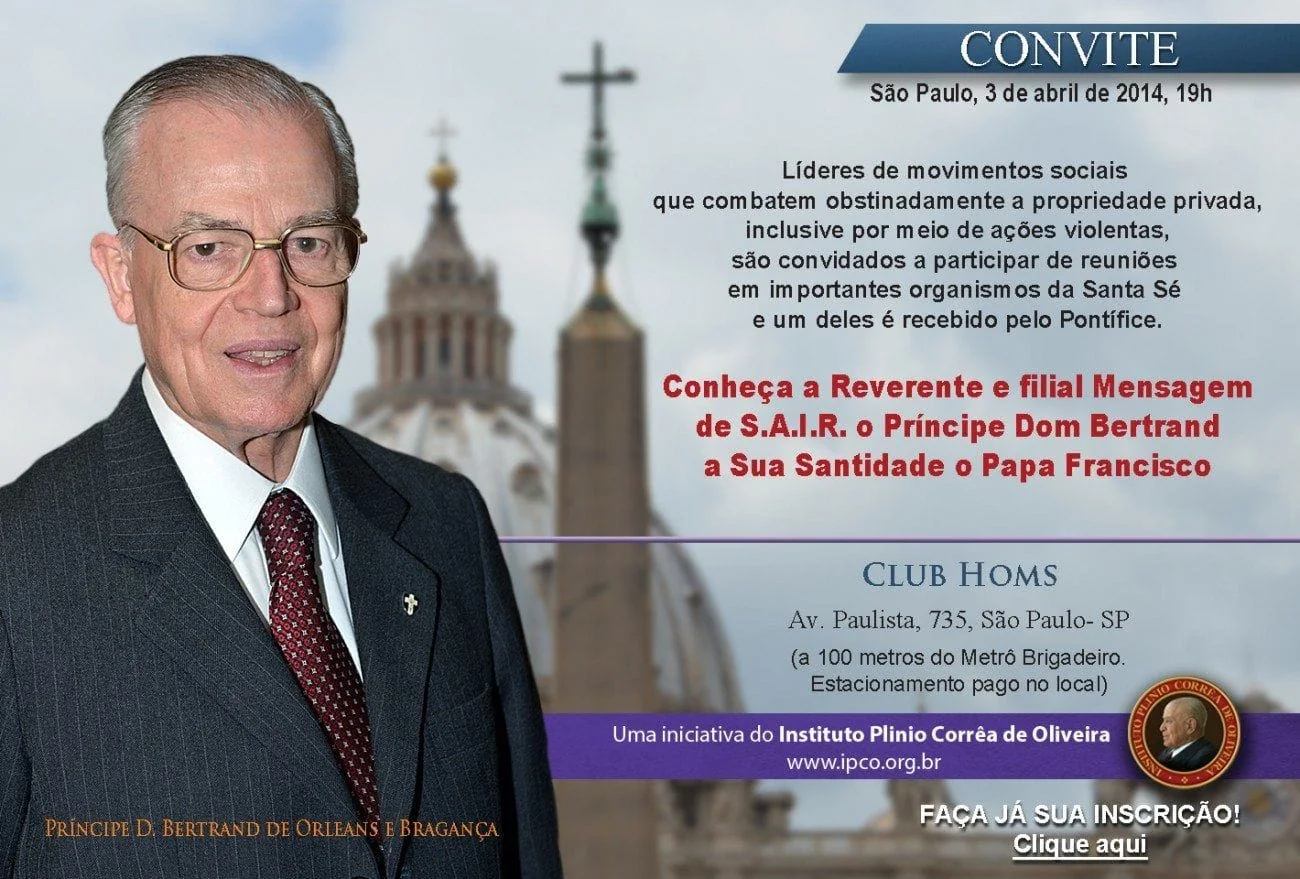 No momento, você está visualizando Data alterada: Palestra sobre a Reverente e Filial Mensagem que o Príncipe Dom Bertrand enviou ao Papa Francisco I