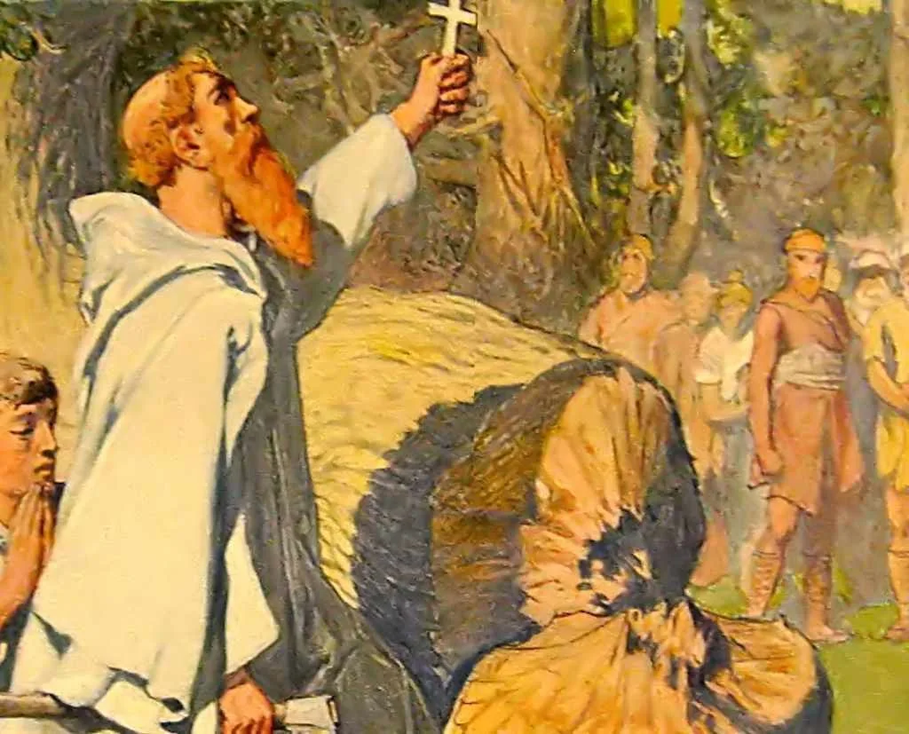 São Bonifácio derruba árvore sagrada pagã. Emil Doepler (1855 – 1922). Uma santa truculência atraiu essa bênção natalina.