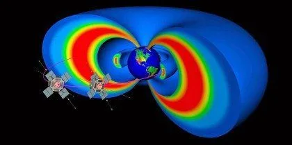 Gráfico da NASA apresentando os escudos magnéticos de Van Allen em volta da Terra e as duas 2 sondas da NASA, também conhecidas como Radiation Belt Storm Probes