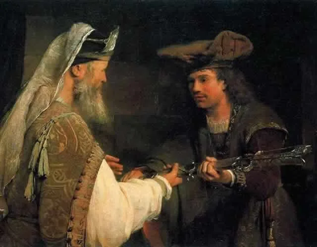 Davi fugindo da cólera de Saúl, recebe do sacerdote Aquimelec a espada de Golias que o próprio Davi tinha ganho (ver I Samuel 21,9). Arent de Gelder (1645 - 1727).