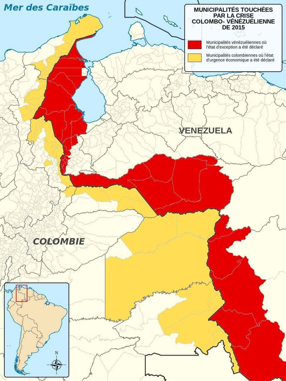 Mapa da crise 2015 entre a Colombia e a Venezuela