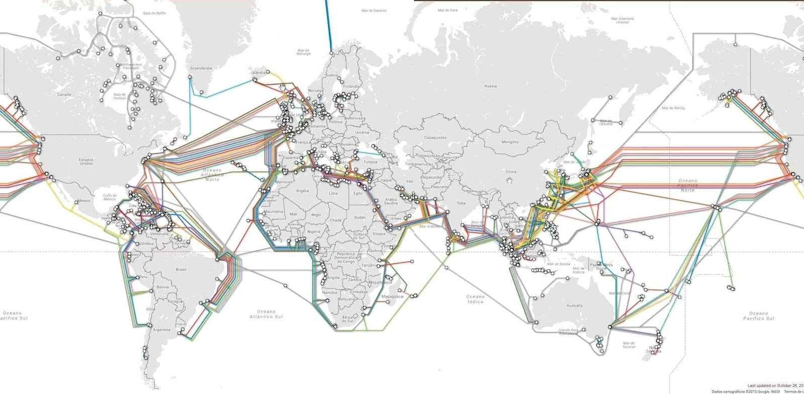 Mapa dos cabos submarinos no mundo. Fonte TeleGeography, Huawei Marine Networks