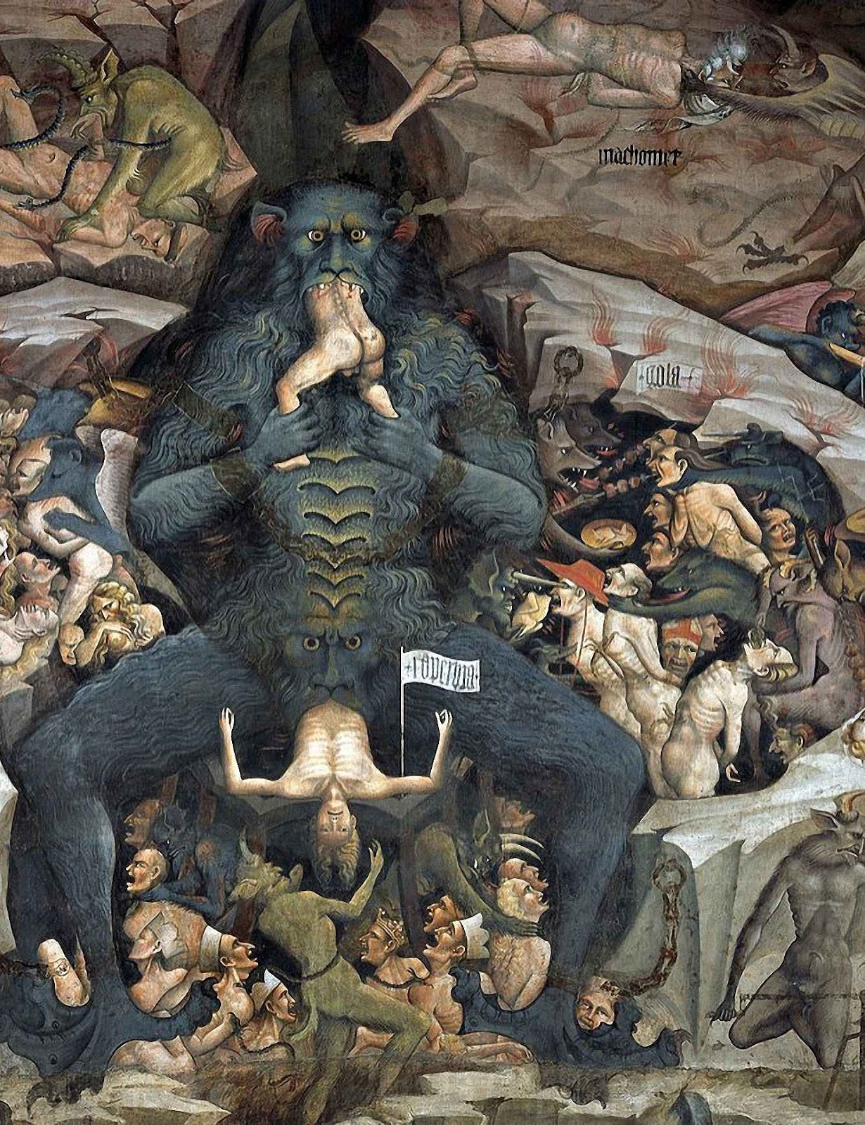 Maomé no inferno (acima na direita). Giovanni di Pietro Falloppi,  ou da Modena (1379 – 1455), Cappella Bolognini, Bolonha, Itália.