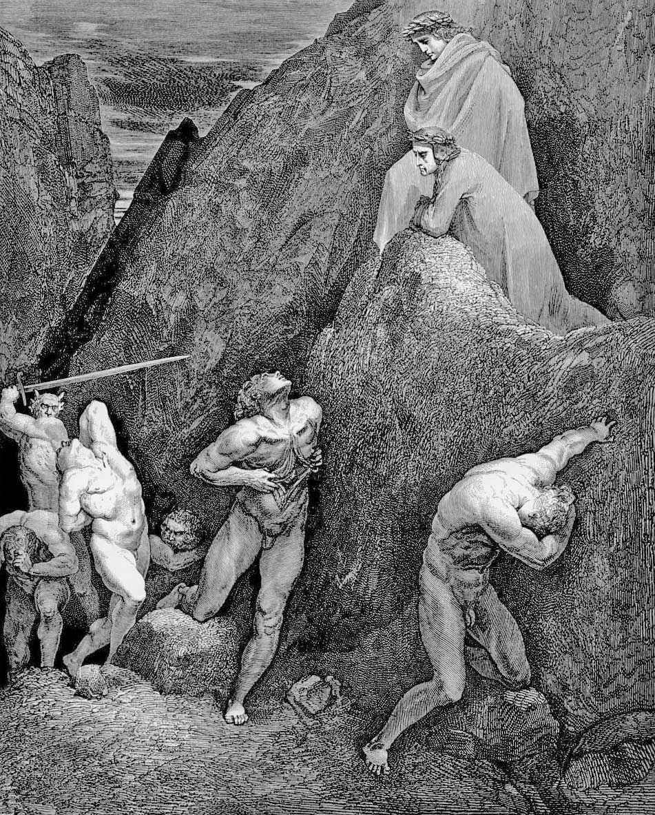 Maomé no inferno com as vísceras abertas.  Ilustração de Gustave Doré (1832 – 1883) para  a Divina Commedia de Dante Alighieri.