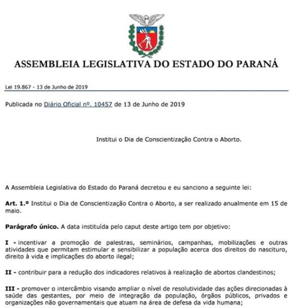No momento, você está visualizando Paraná institui 15 de maio “Dia de conscientização contra o aborto”
