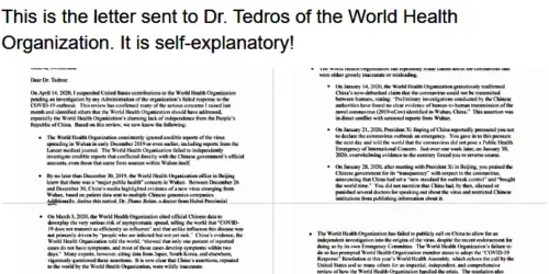 Carta de Trump ao Dr. Tedros (pingo nos “is”): OMS desvincular-se da China