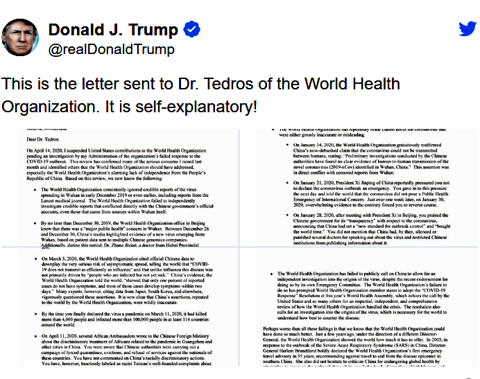 No momento, você está visualizando Carta de Trump ao Dr. Tedros (pingo nos “is”): OMS desvincular-se da China
