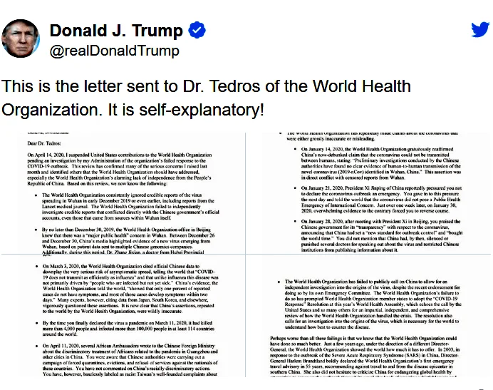 No momento, você está visualizando Carta de Trump ao Dr. Tedros (pingo nos “is”): OMS desvincular-se da China