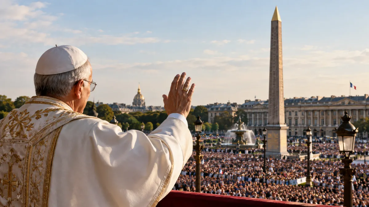 Leão XIV na Place de la Concorde durante viagem apostólica à França